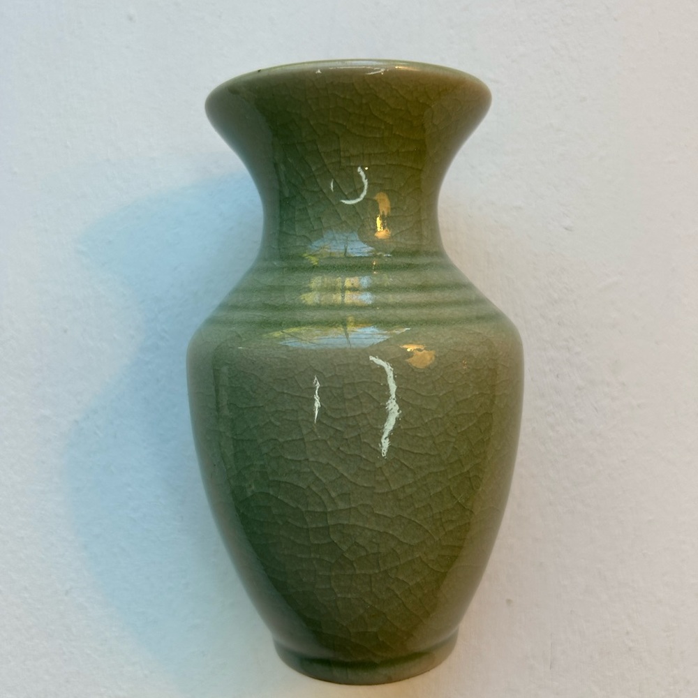 Vintage celadon small vase hand made in Thailand crackle glaze